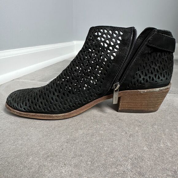 Vince Camuto Phandra Black Suede Perforated Heel Buckle Ankle Zip Booties 8.5 - Picture 5 of 11